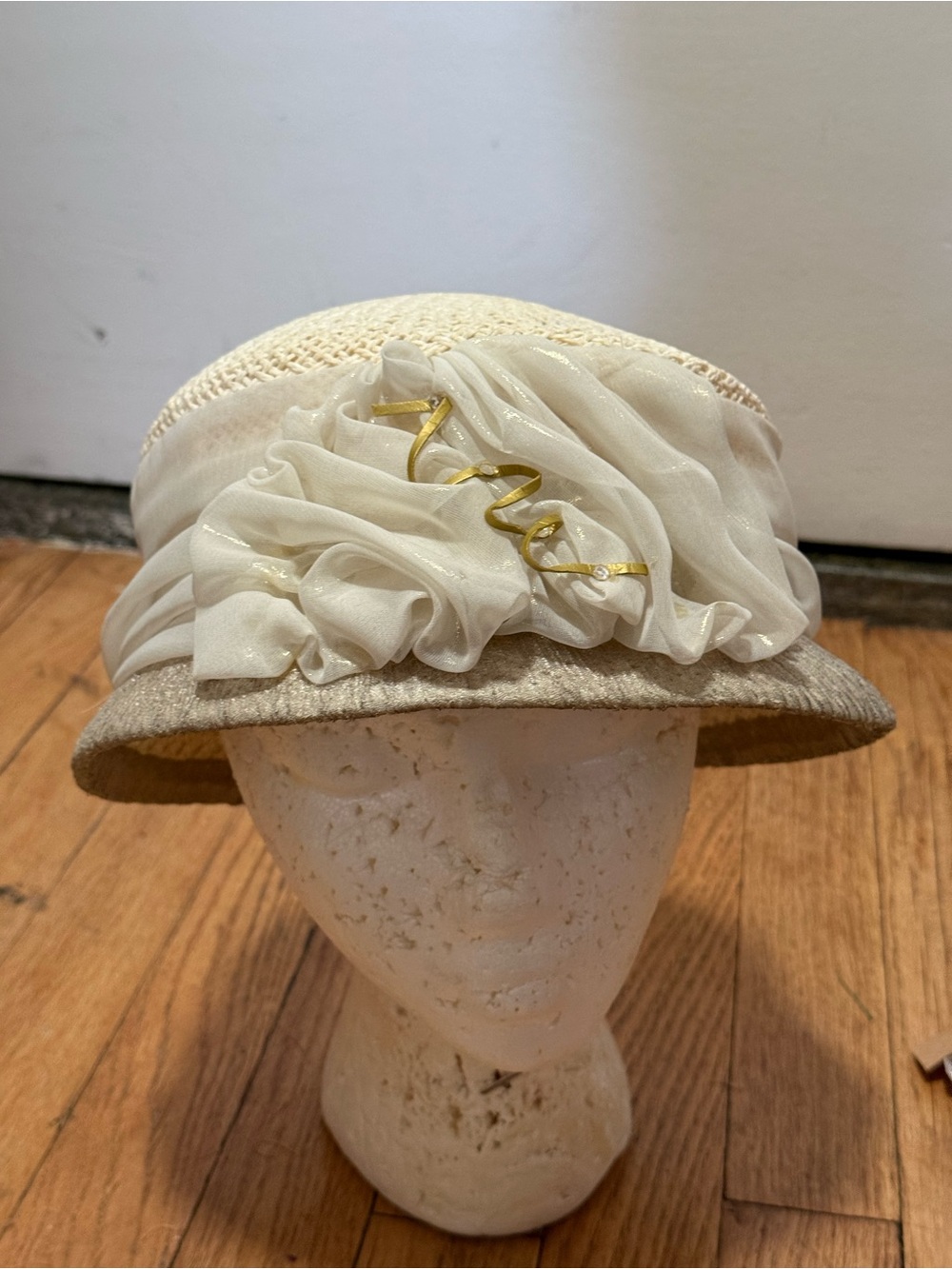 Elegant Cream Women's Straw Cloche Hat with Sheer Ruffle Accent